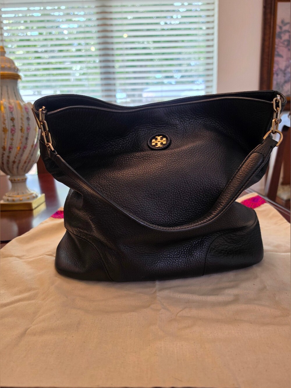Tory Burch Black Pebbled Leather Shoulder Bag with Gold Logo